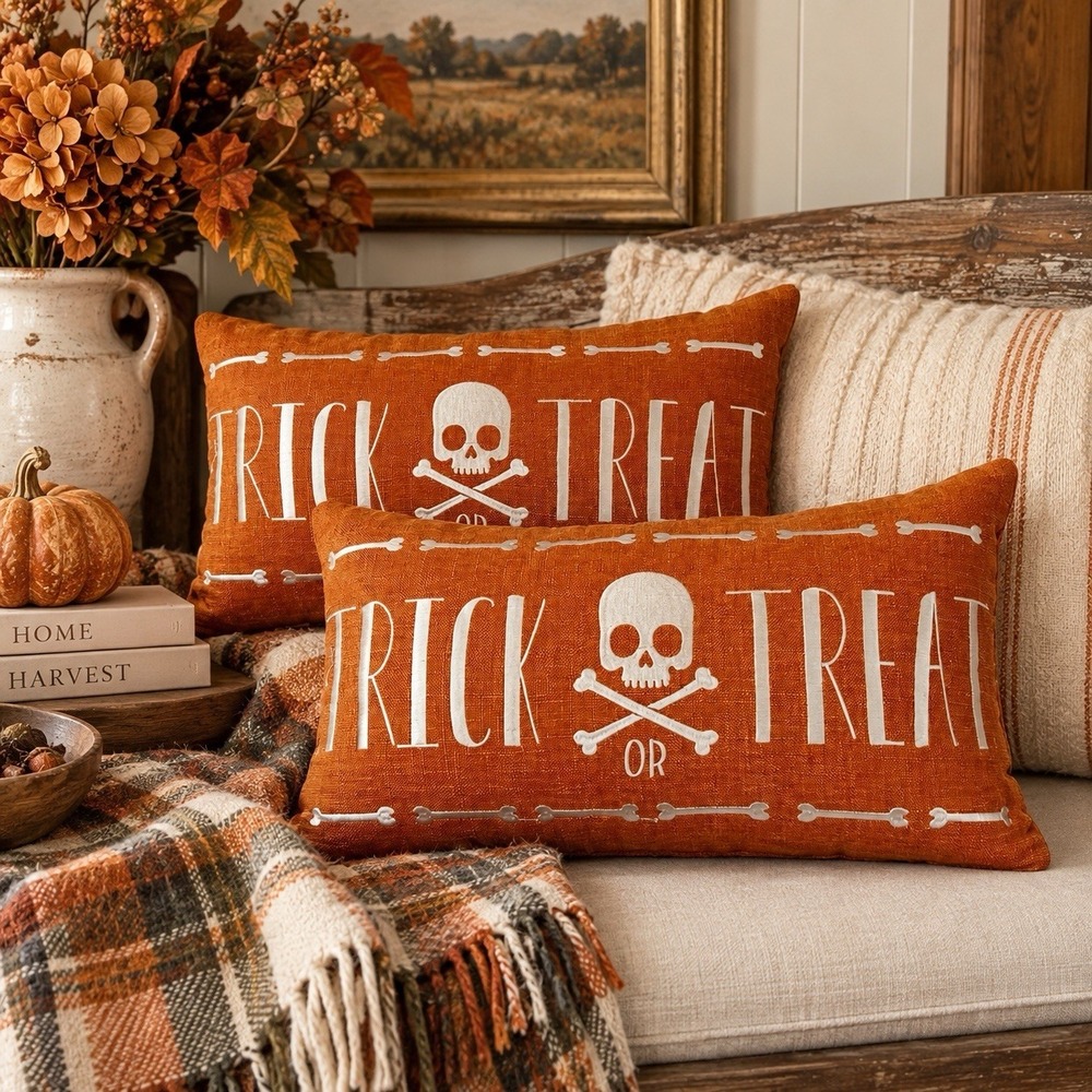 Set of 2 Orange Halloween Trick or Treat Skull Lumbar Throw Pillows 20x12